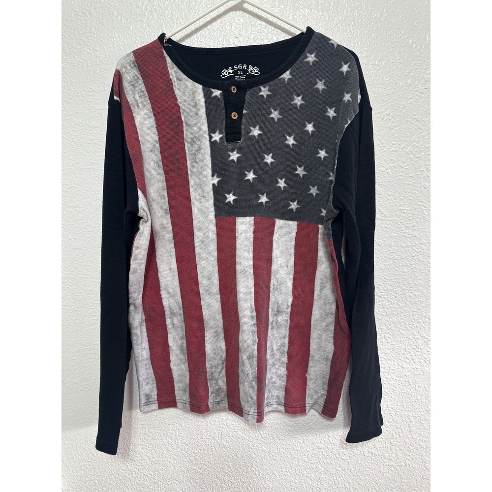 SGR Mens XL American Flag Thermal Henley Long Sleeve Waffle Knit Shirt Black USA